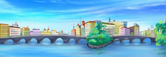 大拱形石头桥在的河的城市数字绘画背景插图大拱形桥在的河