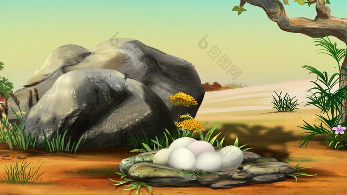 巢与鸵鸟鸡蛋的非洲萨凡纳数字绘画背景插图鸵鸟巢非洲萨凡纳