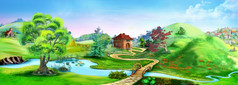 自然公园与河郊区村数字绘画背景插图全景视图郊区村