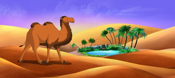 大夏的骆驼<strong>沙漠绿洲</strong>数字绘画完整的颜色插图大夏的骆驼去通过的<strong>沙漠</strong>