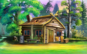 老摇摇晃晃的木房子的郊区的村数字绘画背景插图老摇摇晃晃的木房子的村
