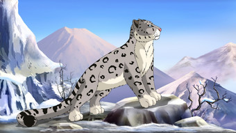 雪豹的山冬天一天数字绘画背景插图雪豹的山