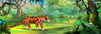 老虎的热带雨林数字绘画背景插图老虎的热带雨林