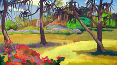 自然塔希提岛岛的保罗高更风格数字绘画背景插图自然塔希提岛岛的风格高更