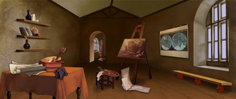 文艺复兴时期的艺术家车间室内数字绘画背景插图艺术家车间室内插图
