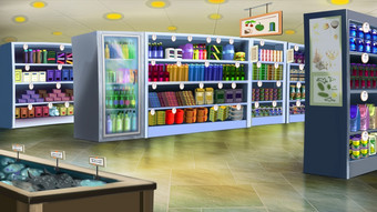 内部大超市商店数字绘画背景插图超市室内插图