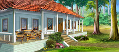 国家房子与阳台阳光明媚的一天数字绘画背景插图国家房子与阳台插图