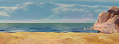 黄色的桑迪海滩的环礁湖下蓝色的天空阳光明媚的一天数字绘画背景插图桑迪海滩的环礁湖插图