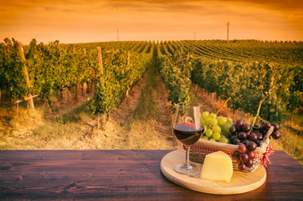玻璃红色的酒与葡萄篮子和奶酪前面葡萄园日落玻璃红色的酒前面葡萄园日落