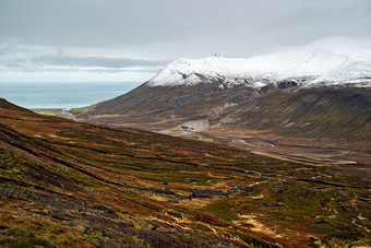 山和海洋视图博尔加峡湾东部东冰岛多云的一天山和视图博尔加峡湾东部冰岛