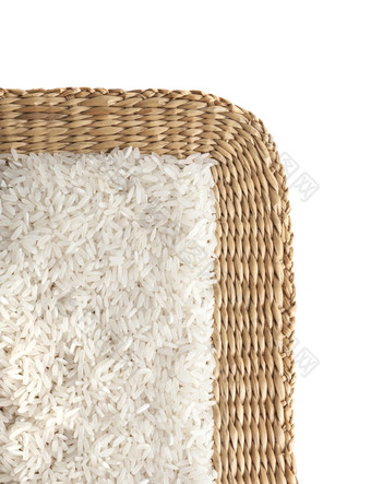 亚洲未煮过的白色大米背景稻草