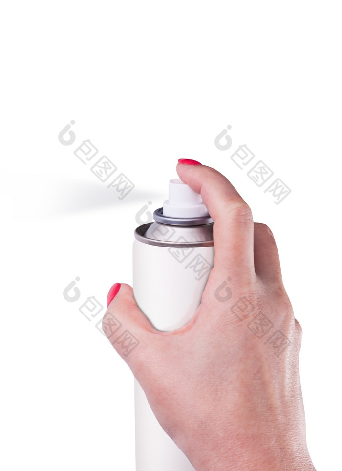 白色喷雾可以孤立的白色背景女人手气溶胶喷雾可以金属瓶油漆可以现实的照片图像