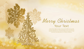 圣诞节装饰雪花树玩具<strong>黄金背景</strong>的地方为问候文本
