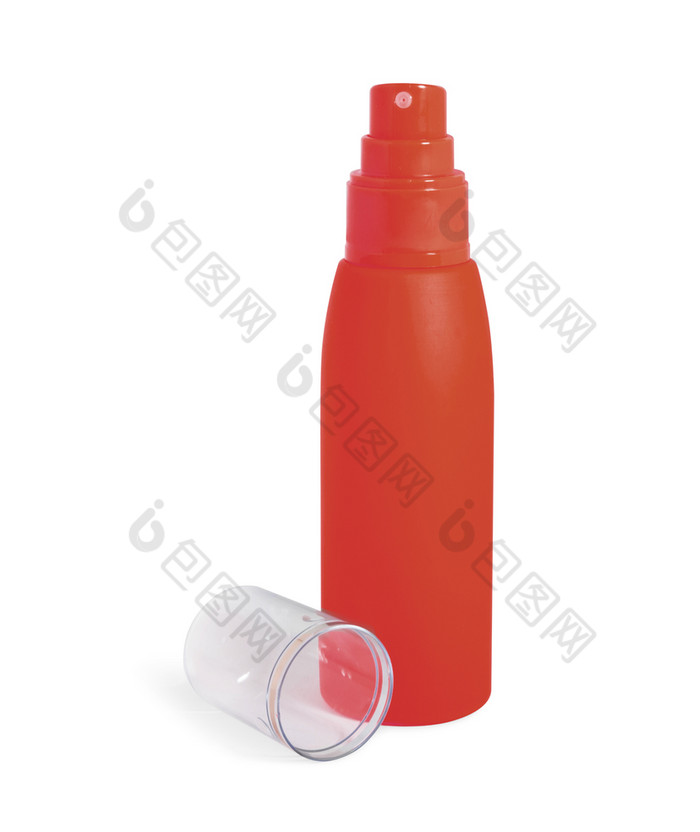 红色的化妆品奶油瓶喷雾打开孤立的白色背景红色的化妆品奶油瓶喷雾打开孤立的白色后台