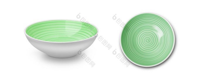 空绿色陶瓷板与螺旋模式水彩风格孤立的白色背景与剪裁路径空黄色的陶瓷板与螺旋模式水彩风格