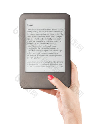 持有电子书读者手包括剪裁路径为屏幕和书与手loremipsum文本电子书屏幕
