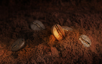 咖啡豆子和地面咖啡宏照片温暖的颜色的概念使咖啡