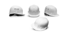 白色塑料安全头盔孤立的白色背景绿色塑料安全头盔孤立的白色背景
