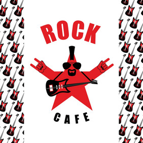 岩石咖啡馆标志模板为音乐岩石酒吧明星与电吉他和岩石手标志