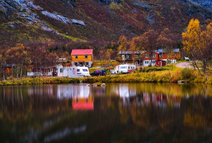 horzontal生动的秋天挪威野营反射背景背景horzontal生动的秋天挪威野营反射背景回来