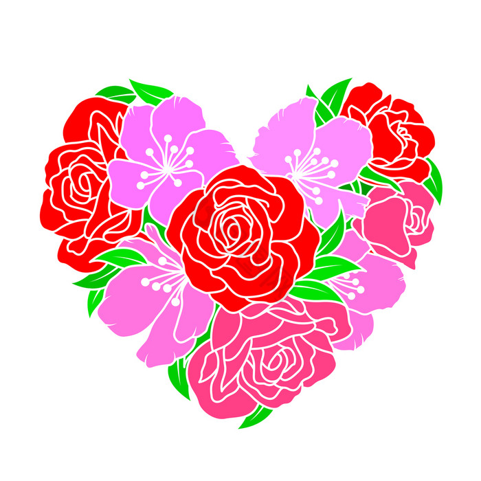 花心形状玫瑰和樱桃开花向量插图图片