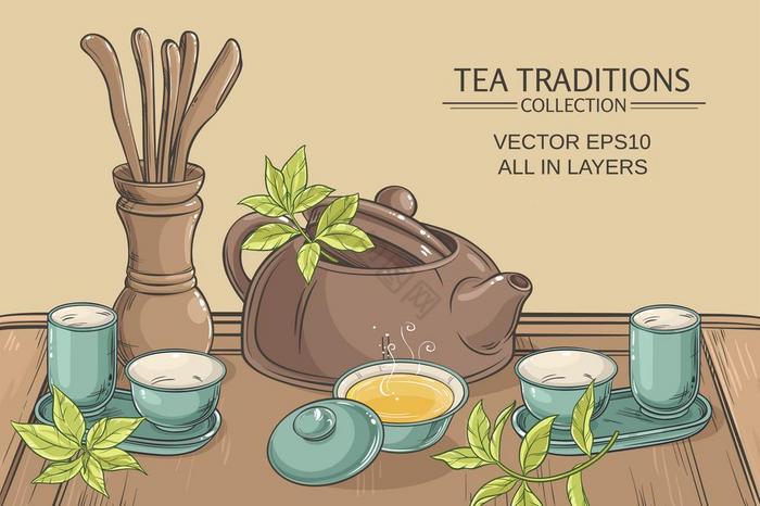 茶仪式插图茶表格与茶壶茶双茶和茶工具图片