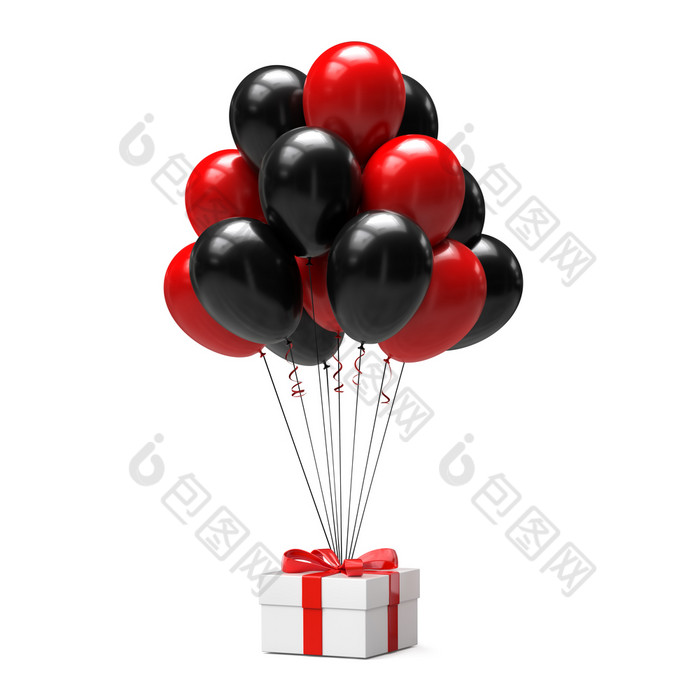 黑色的和红色的气球与礼物盒子孤立的白色背景插图气球与礼物盒子