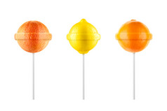 棒棒糖柠檬葡萄柚橙色集孤立的白色背景有创意的糖果的想法棒棒糖柠檬葡萄柚橙色