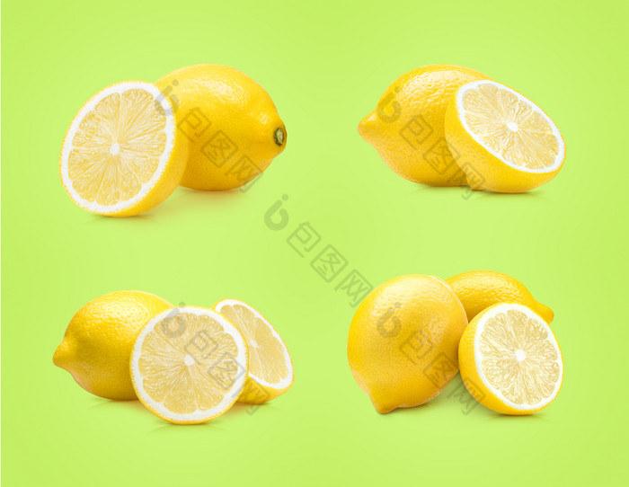 柠檬水果集孤立的绿色背景柠檬水果集