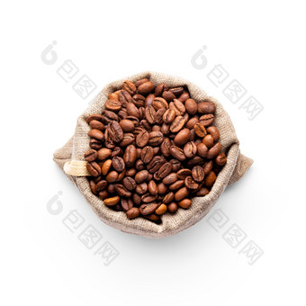 粗麻布袋与咖啡豆子孤立的白色背景粗麻布袋与咖啡豆子