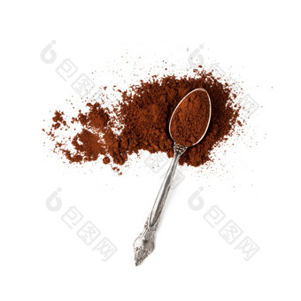 勺子与咖啡粉孤立的白色背景勺子与咖啡粉前视图