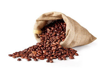 粗麻布袋与咖啡豆子孤立的白色背景粗麻布袋与咖啡豆子