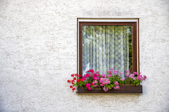 美丽的老窗口框架与花盒子和光灰色墙天竺葵陇牛儿苗科窗口盒子农村窗口框架与复制空间