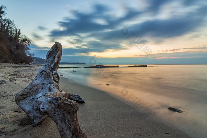 海景一流的长曝光海景与日志的黑色的海海岸保加利亚