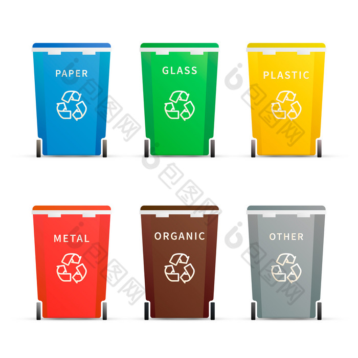 集不同的色彩鲜艳的垃圾容器为不同的类型浪费孤立的白色集不同的色彩鲜艳的垃圾容器为不同的类型浪费白色