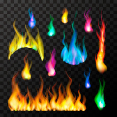 集明亮的魔法火火焰不同的颜色透明的背景集明亮的魔法火火焰不同的颜色透明的