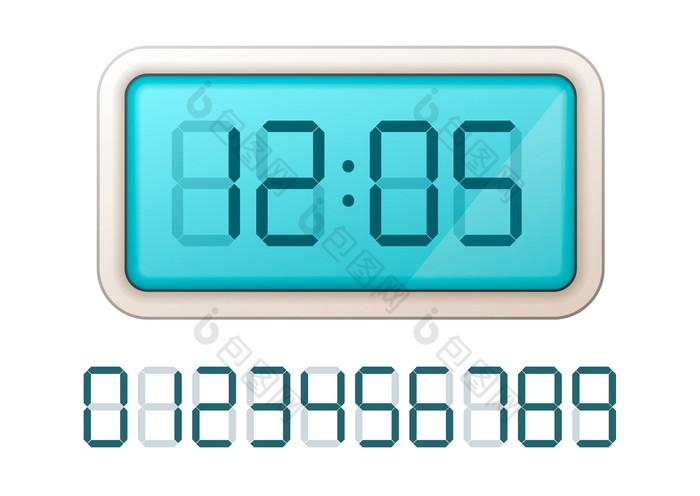 蓝色的数字时钟显示与集复古的电子数字孤立的白色蓝色的数字时钟显示与集复古的电子数字白色