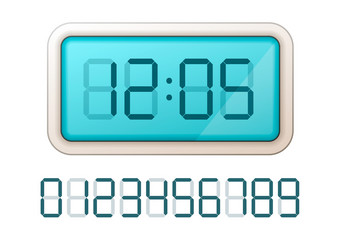 蓝色的数字时钟显示与集复古的电子数字孤立的白色蓝色的数字时钟显示与集复古的电子数字白色