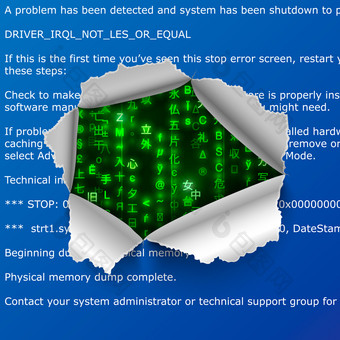 撕裂洞bsod错误文本与绿色矩阵<strong>代码</strong>迹象背景撕裂洞bsod错误文本与绿色矩阵<strong>代码</strong>迹象