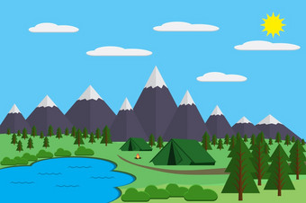 山与森林和湖景观平向量插图为野营和徒步旅行极端的体育户外冒险与娱乐的地方帐篷和火山与森林和湖景观平向量插图为野营和徒步旅行极端的体育户外冒险与娱乐的地方帐篷和火