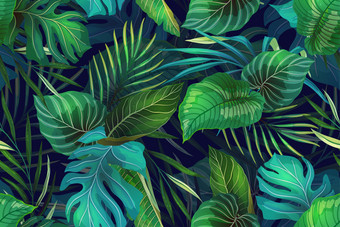 无缝的向量模式与异国情调的热带植物现代风格时尚的丛林色彩斑斓的背景设计自然纺织时尚壁纸打印