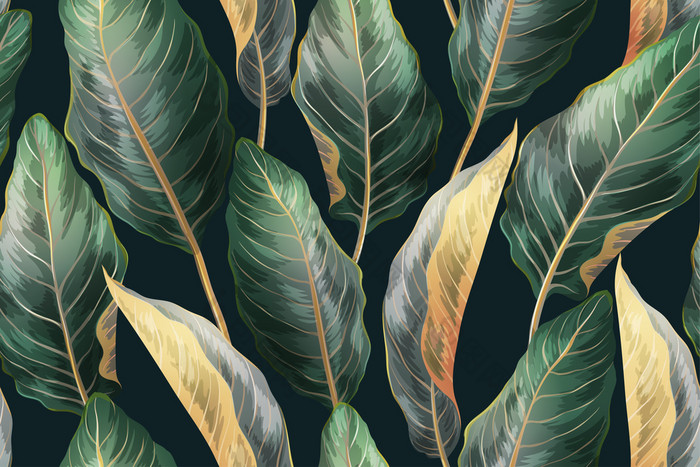 向量古董热带无缝的模式植物打印与异国情调的叶子丛林背景为纺织网络包装纸包装卡片