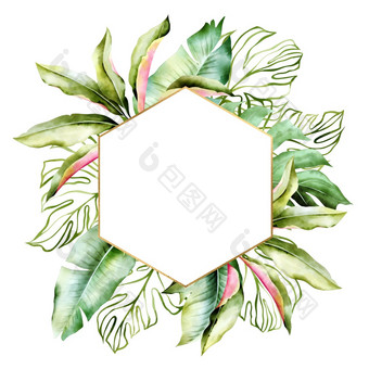 热带异国情调的水彩花插图框架与黄金和绿色棕榈叶子为婚礼静止的问候壁纸时尚背景孤立的框架与Copyspace