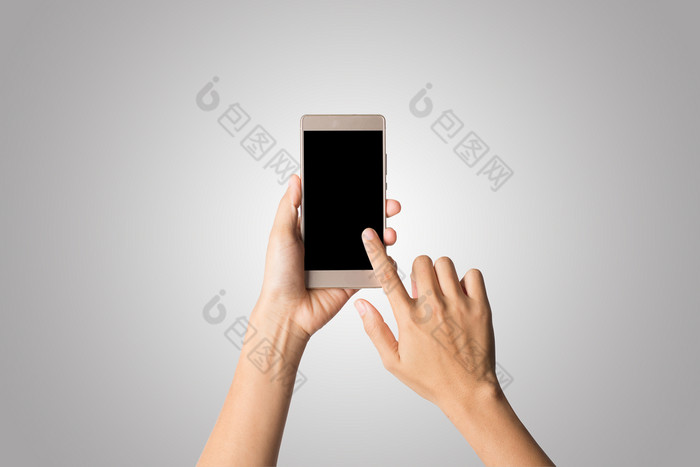 女人手持有聪明的电话空白屏幕复制空间手持有智能手机孤立的白色背景女人手持有聪明的电话空白屏幕复制空间手