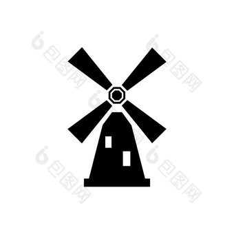 风车机行图标与影子插图荷兰荷兰老农场风车孤立的图标机图标与风车轮廓能源图标插图