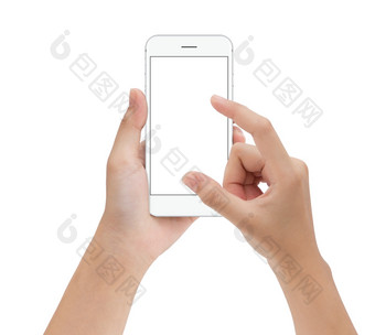 特写镜头手触碰电话移动孤立的白色模拟智能手机空白屏幕容易调整与剪裁路径
