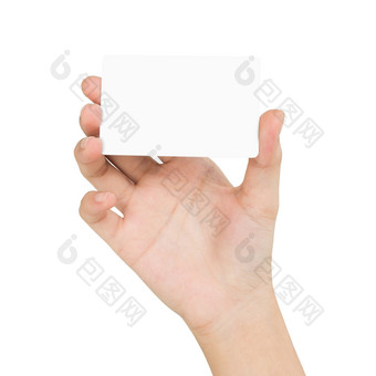 女人手持有空白卡显示前面视图孤立的白色背景剪裁路径内部女人手持有空白卡显示前面视图孤立的whi