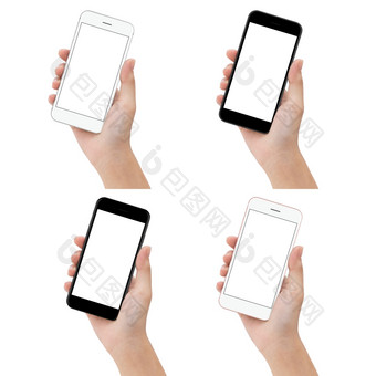 特写镜头手持有电话颜色集孤立的白色模拟智能手机空白屏幕容易调整与剪裁路径