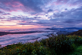美丽的自然景观的雾涵盖了的峰会和的色彩斑斓的天空在日出的冬天高角视图从的的观点府ruea国家公园游荡省泰国日出府ruea国家公园