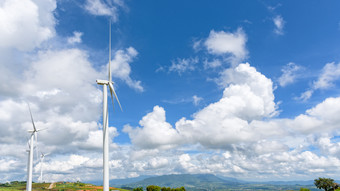 景观许多风涡轮场蓝色的天空和云背景清洁能源帮助减少全球气候变暖考县呵呵碧差汶泰国宽屏幕景观风涡轮场